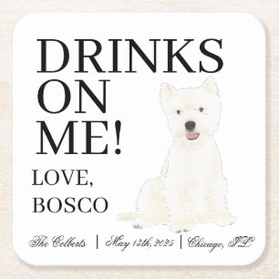 Personalized Westie West Highland Terrier Wedding Square Paper Coaster