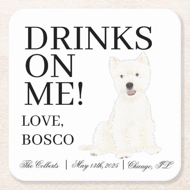 Personalized Westie West Highland Terrier Wedding Square Paper Coaster (Front)