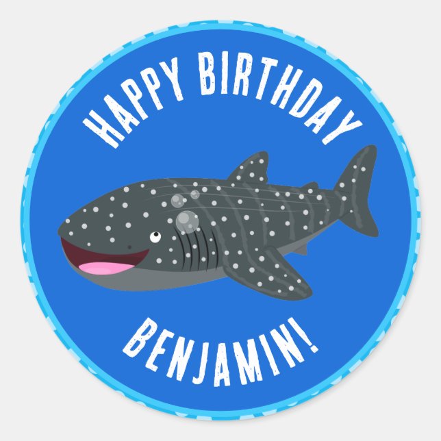 Personalized whale shark happy birthday cartoon classic round sticker (Front)