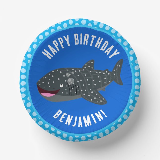 Personalized whale shark happy birthday cartoon paper plate (Front)
