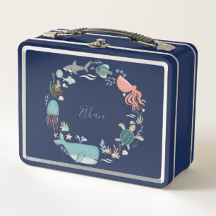 Personalized Whale Under the Sea Watercolor Name Metal Lunch Box