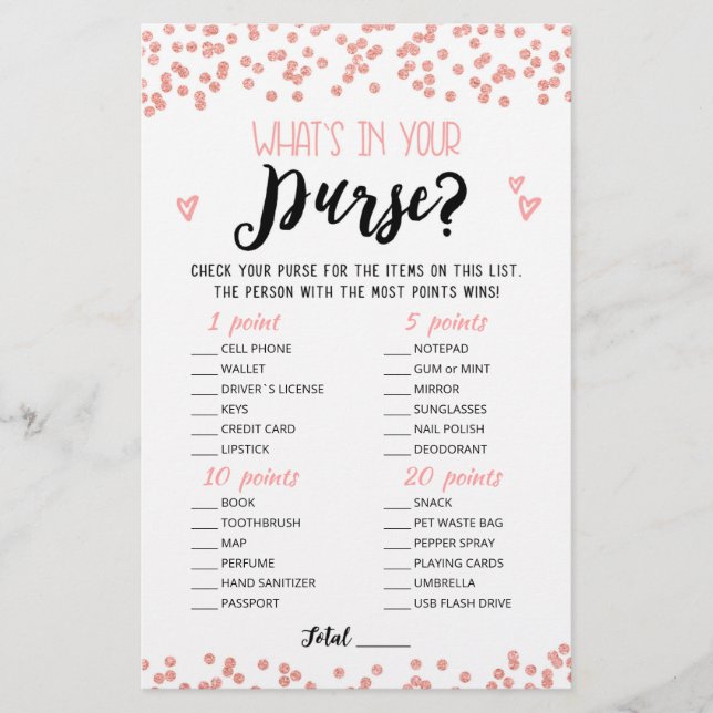 Personalized What's in your purse Hen Party game (Front)