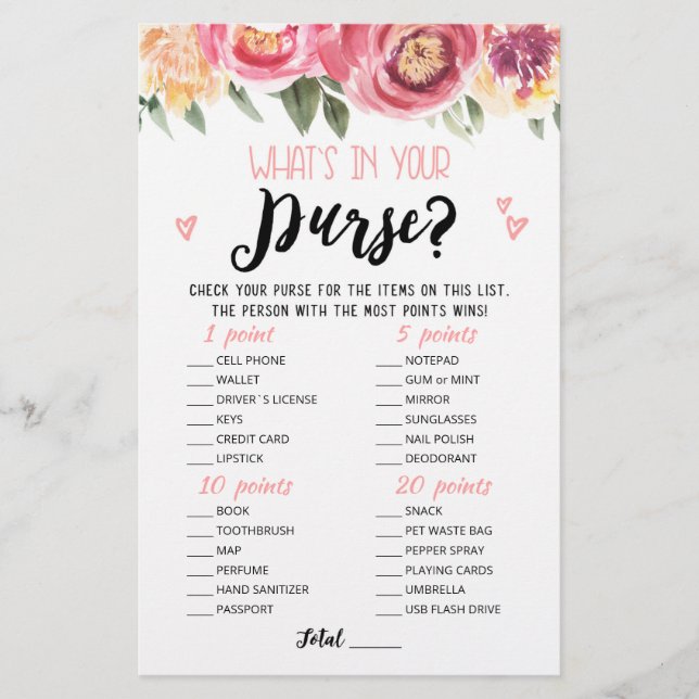 Personalized What's in your purse Hen Party game (Front)