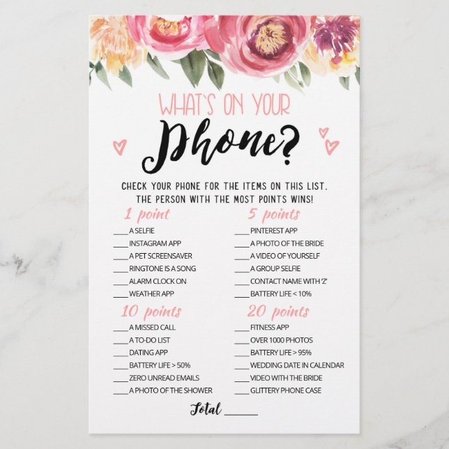 Personalized What's on your phone Hen Party game (Front)