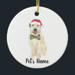 Personalized Wheaten Terrier Christmas Hat Bow Tie Ceramic Ornament<br><div class="desc">I am in love with this beautifully detailed watercolor illustration of a smiling wheaten terrier with little red santa hat and a bow tie! Personalize these ornaments and make the nice list this year! For the perfect presents, pair it with a matching item from the collection for a thoughtful housewarming,...</div>