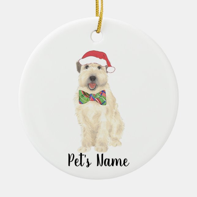 Personalized Wheaten Terrier Christmas Hat Bow Tie Ceramic Ornament (Front)