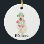 Personalized Wheaten Terrier Christmas Pink Scarf  Ceramic Ornament<br><div class="desc">I am in love with this beautifully detailed watercolor illustration of a smiling wheaten terrier with little pink and green ski hat and scarf outfit! Personalize these ornaments and make the nice list this year! For the perfect presents, pair it with a matching item from the collection for a thoughtful...</div>