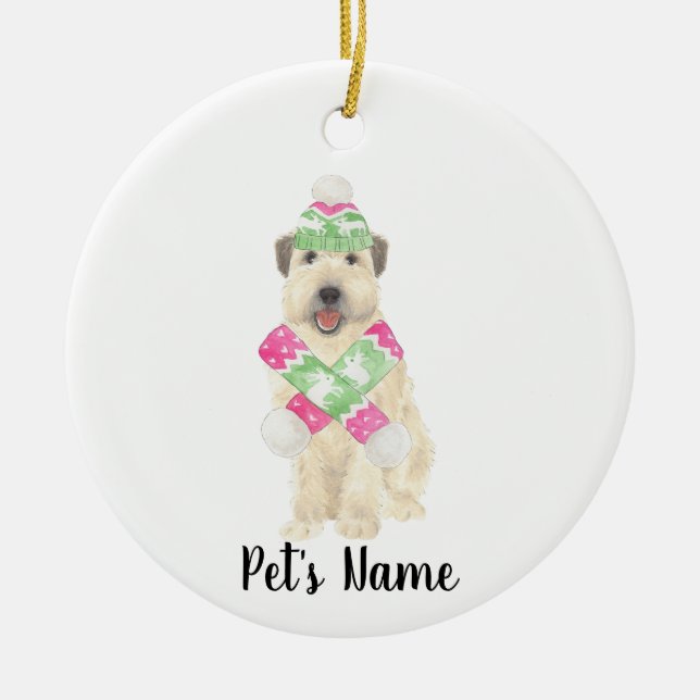Personalized Wheaten Terrier Christmas Pink Scarf  Ceramic Ornament (Front)