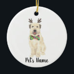 Personalized Wheaten Terrier Christmas Reindeer Ceramic Ornament<br><div class="desc">I am in love with this beautifully detailed watercolor illustration of a smiling wheaten terrier with little antlers and a bow tie! Personalize these ornaments and make the nice list this year! For the perfect presents, pair it with a matching item from the collection for a thoughtful housewarming, bridal shower,...</div>
