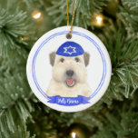 Personalized Wheaten Terrier Hanukkah Yarmulke Ceramic Ornament<br><div class="desc">Celebrate your favourite mensch on a bench with a personalized ornament! This design features a sweet illustration of a soft coated wheaten terrier with a blue and white yarmulke. For the most thoughtful gifts, pair it with another item from my collection! To see more work and learn about this artist,...</div>