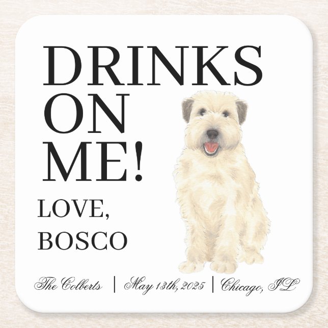 Personalized Wheaten Terrier Wedding Square Paper Coaster (Front)