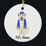 Personalized Wheaten Terrier Yarmulke and Scarf  Ceramic Ornament<br><div class="desc">I am in love with this beautifully detailed watercolor illustration of a smiling wheaten terrier with little blue and white yarmulke and scarf outfit! Personalize these ornaments and make the nice list this year! For the perfect presents, pair it with a matching item from the collection for a thoughtful housewarming,...</div>