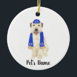 Personalized Wheaten Terrier Yarmulke and Scarf  Ceramic Ornament<br><div class="desc">I am in love with this beautifully detailed watercolor illustration of a smiling wheaten terrier with little blue and white yarmulke and scarf outfit! Personalize these ornaments and make the nice list this year! For the perfect presents, pair it with a matching item from the collection for a thoughtful housewarming,...</div>
