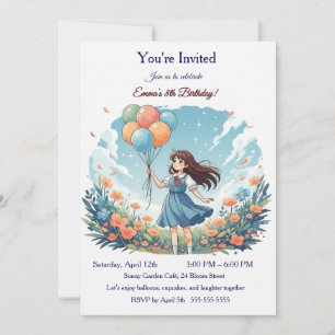 Personalized Whimsical Anime Girl 8th Birthday Par Invitation