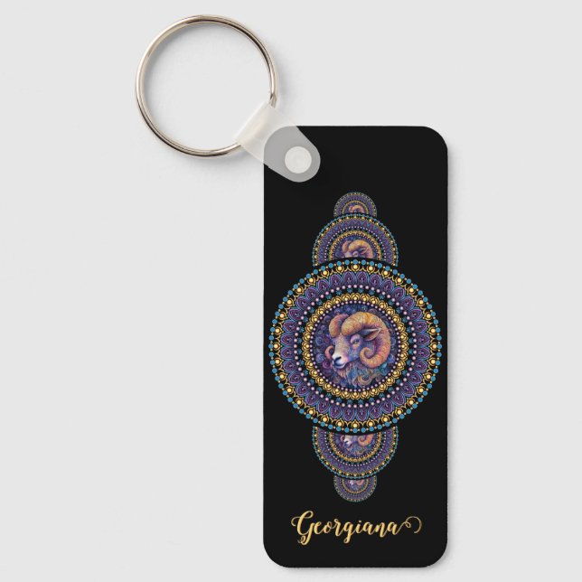 Personalized Whimsical Aries Ornamental Mandala Keychain (Front)