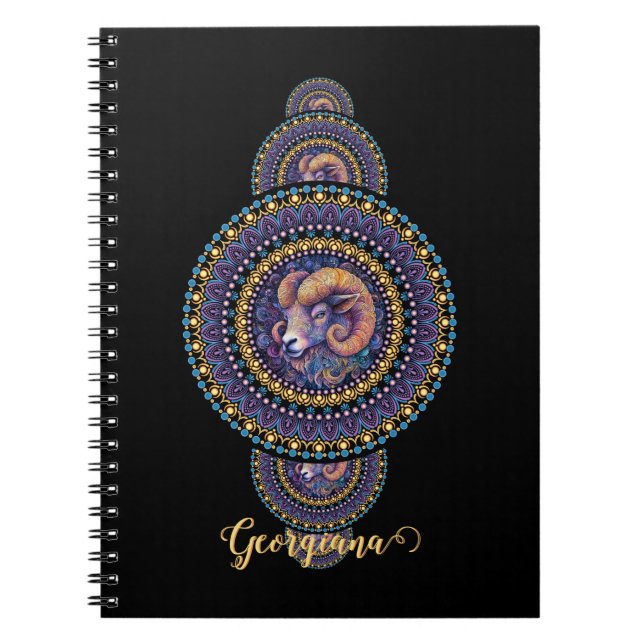 Personalized Whimsical Aries Ornamental Mandala Notebook (Front)