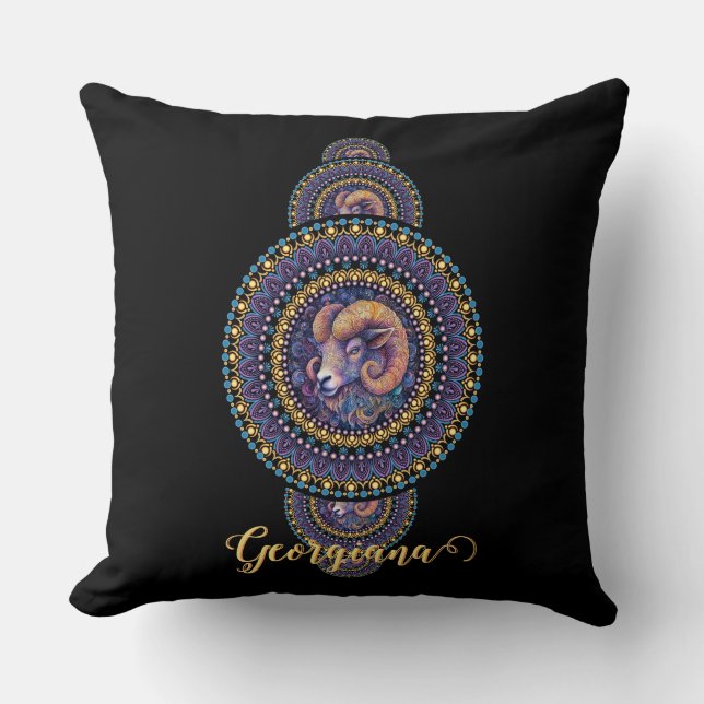 Personalized Whimsical Aries Ornamental Mandala Throw Pillow (Front)