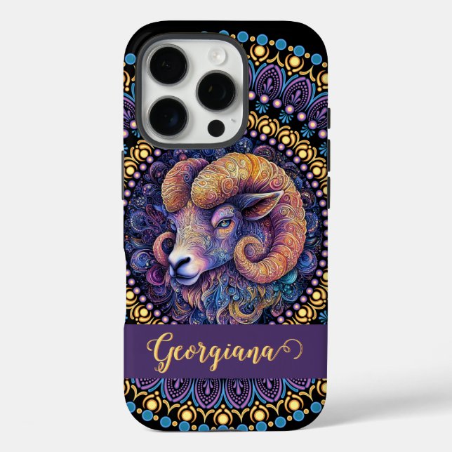 Personalized Whimsical Aries Zodiac Dot Mandala Case-Mate iPhone Case (Back)