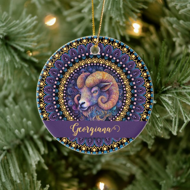 Personalized Whimsical Aries Zodiac Dot Mandala Ceramic Ornament (Tree)