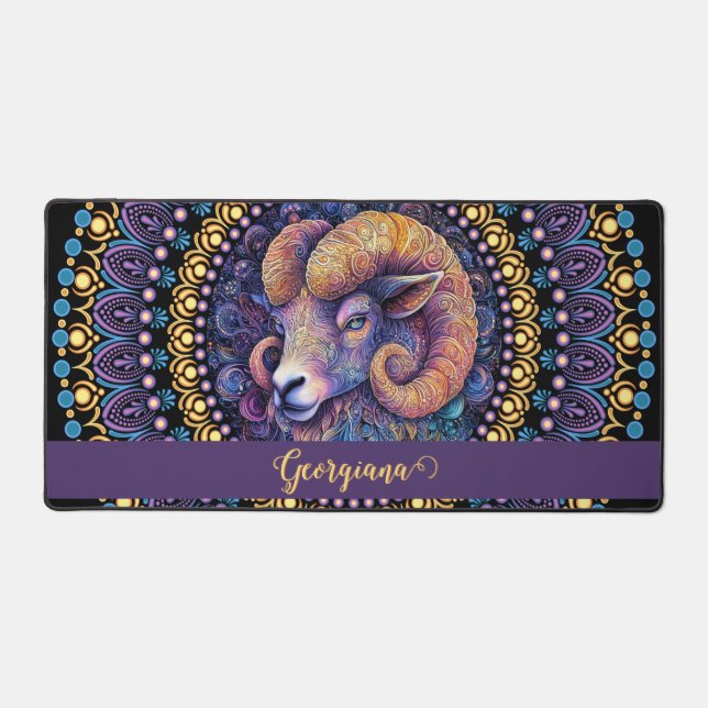 Personalized Whimsical Aries Zodiac Dot Mandala Desk Mat (Front)
