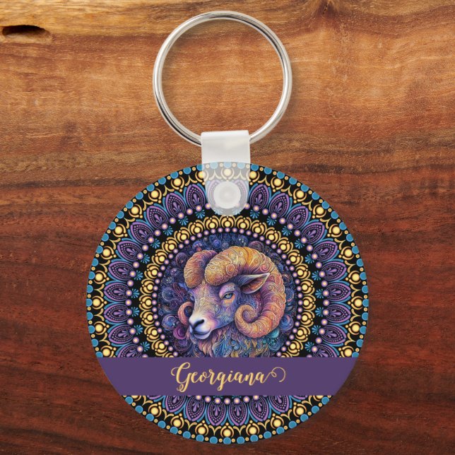 Personalized Whimsical Aries Zodiac Dot Mandala Keychain (Front)