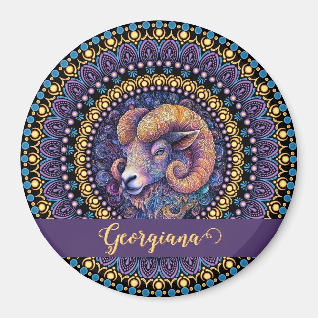 Personalized Whimsical Aries Zodiac Dot Mandala Magnet (Front)