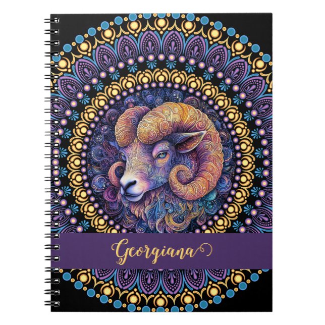 Personalized Whimsical Aries Zodiac Dot Mandala Notebook (Front)