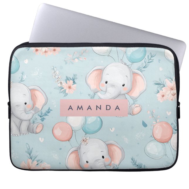 Personalized Whimsical Baby Elephant Pattern Laptop Sleeve (Front)