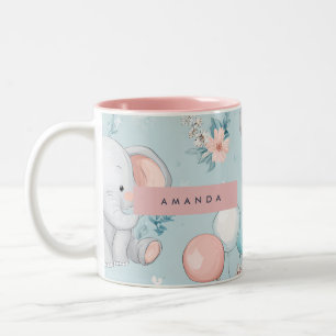 Personalized Whimsical Baby Elephant Pattern Two-Tone Coffee Mug
