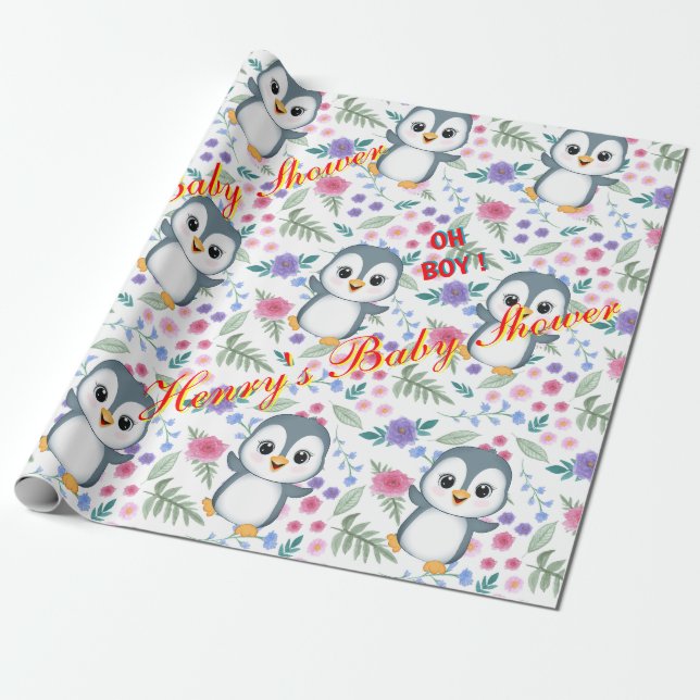 Personalized Whimsical Blu Penguin Wrapping paper (Unrolled)