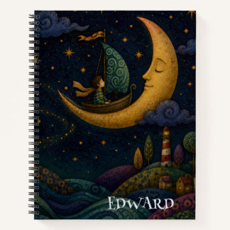 PERSONALIZED WHIMSICAL BOY SAILING GOLDEN MOON NOTEBOOK
