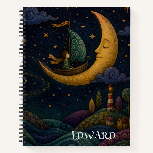 PERSONALIZED WHIMSICAL BOY SAILING GOLDEN  MOON NOTEBOOK (Front)