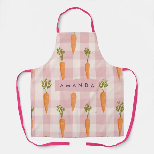 Personalized Whimsical Carrot and Pink Gingham Apron (Front)