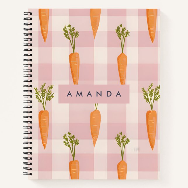 Personalized Whimsical Carrot and Pink Gingham Notebook (Front)