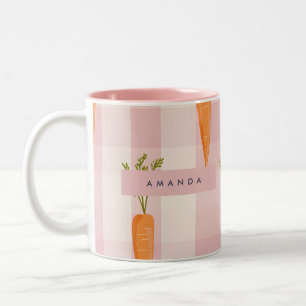 Personalized Whimsical Carrot and Pink Gingham Two-Tone Coffee Mug