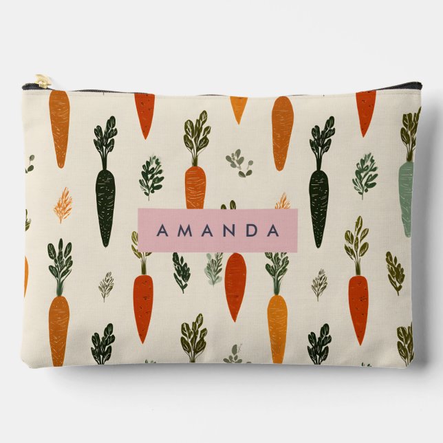 Personalized Whimsical Carrot Patch Rustic Accessory Pouch (Front)