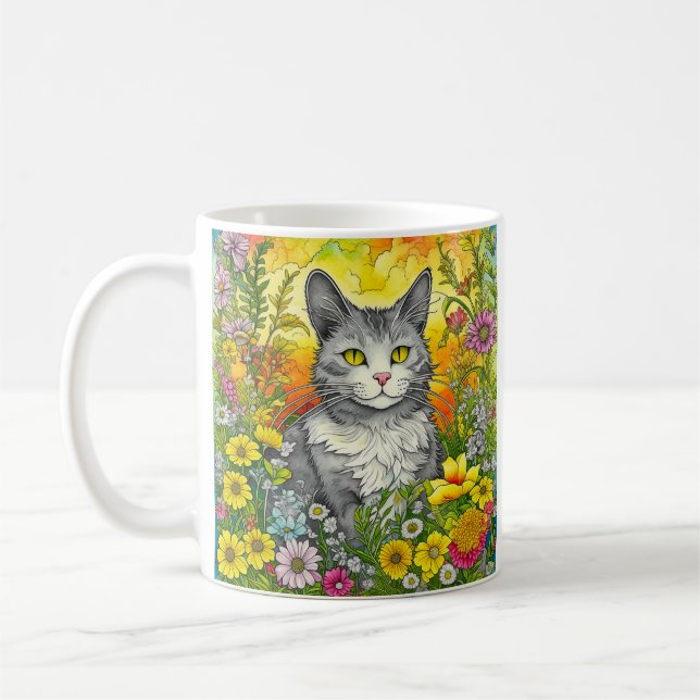 Personalized Whimsical Cat and Flowers Coffee Mug (Left)