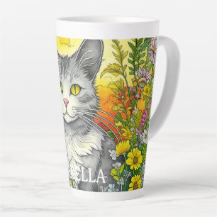Personalized Whimsical Cat and Flowers Latte Mug