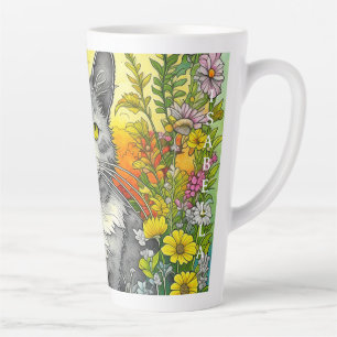 Personalized Whimsical Cat and Flowers Latte Mug