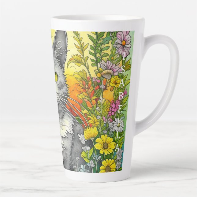 Personalized Whimsical Cat and Flowers Latte Mug (Right)