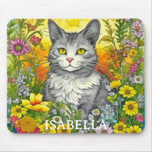 Personalized Whimsical Cat and Flowers Mouse Pad