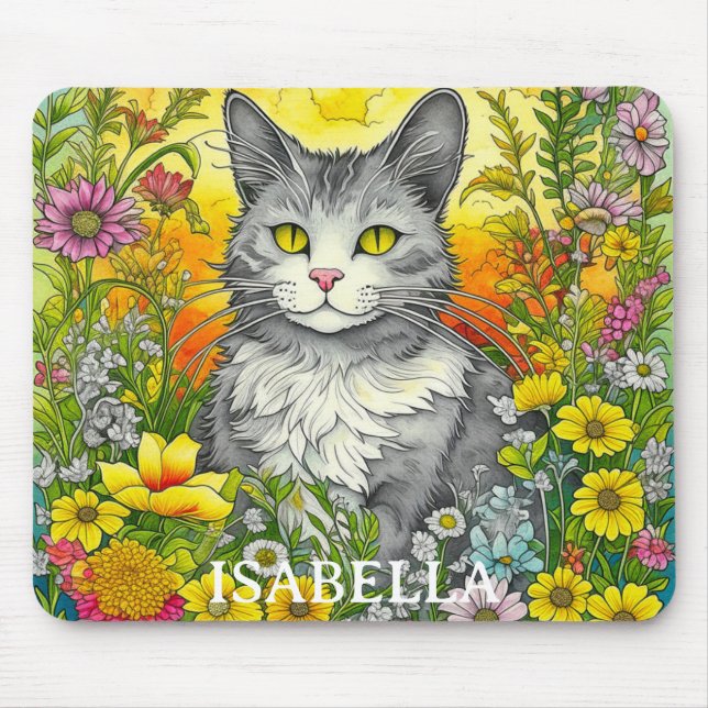 Personalized Whimsical Cat and Flowers Mouse Pad (Front)