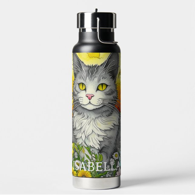 Personalized Whimsical Cat and Flowers Water Bottle (Left)