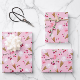 Personalized Whimsical Cherry Ice Cream Girly Pink Wrapping Paper Sheet