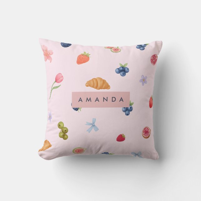 Personalized Whimsical Croissant & Berry Pattern Throw Pillow (Front)