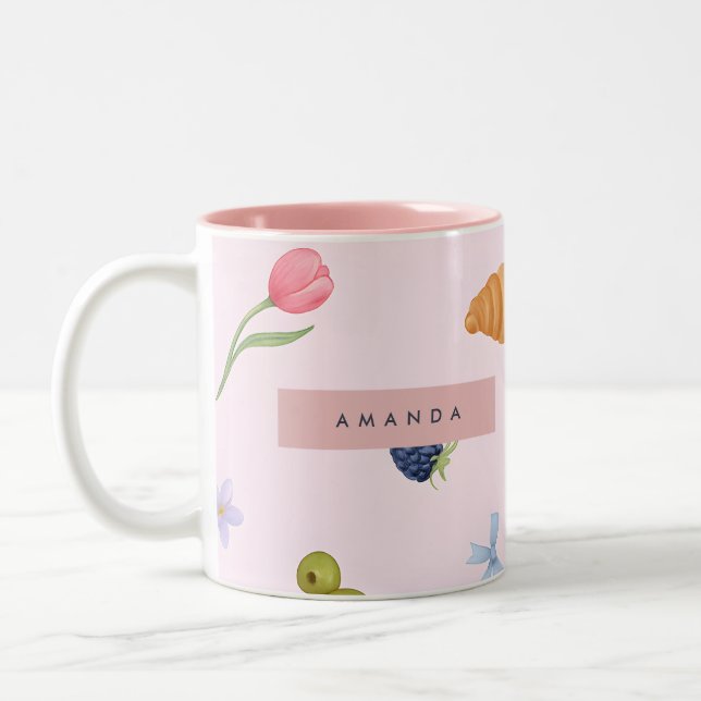Personalized Whimsical Croissant & Berry Pattern Two-Tone Coffee Mug (Left)