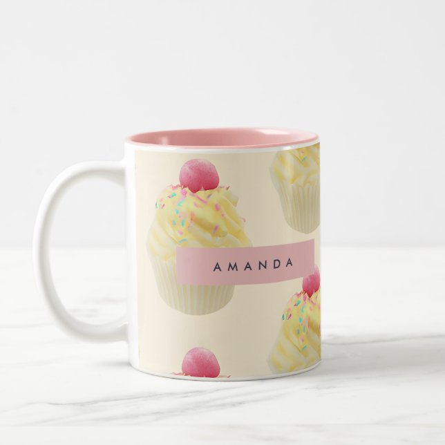 Personalized Whimsical Cupcake Pattern Two-Tone Coffee Mug (Left)