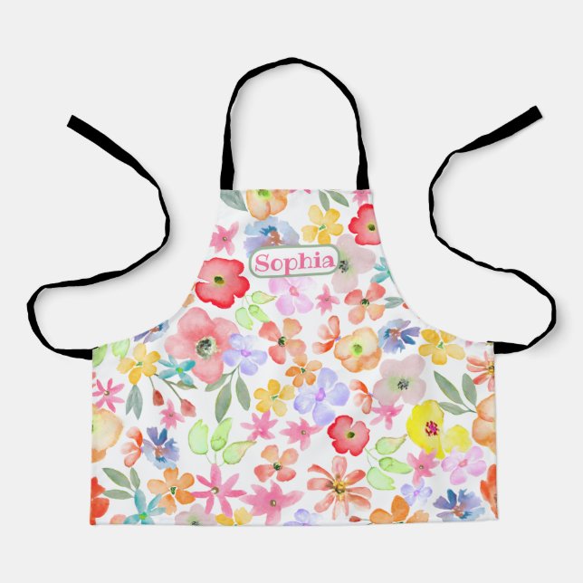 Personalized Whimsical Cute Watercolor Floral Apron (Front)