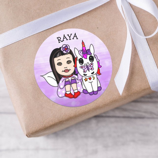 Personalized Whimsical Fairy and Unicorn   Classic Round Sticker (Creator Uploaded)