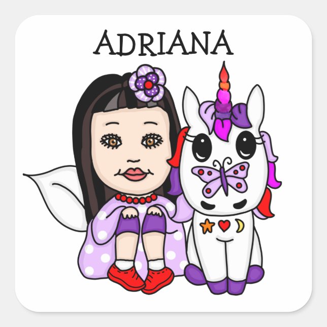 Personalized Whimsical Fairy and Unicorn   Square Sticker (Front)